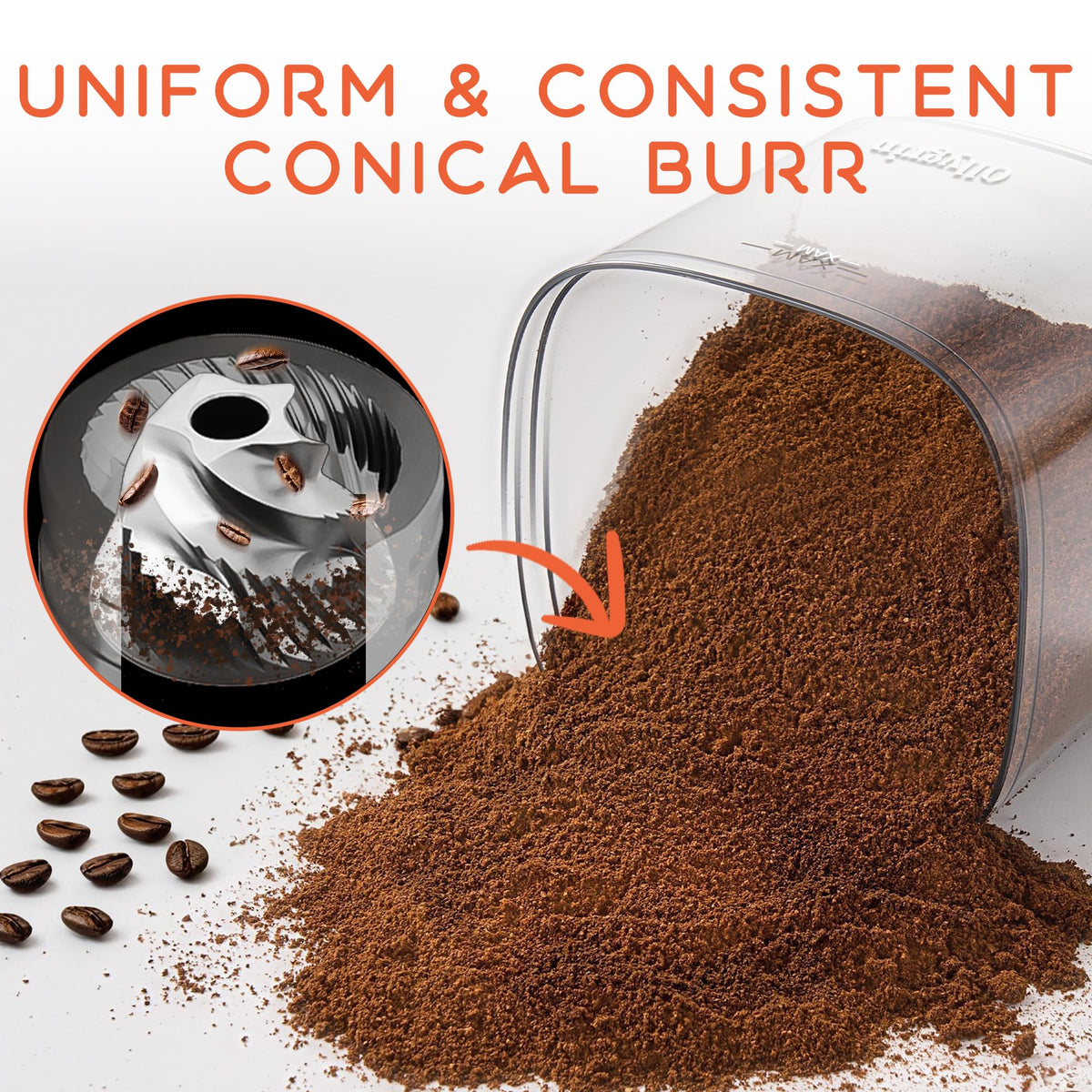 Ollygrin grinder settings dial with 30 options for precise brews.