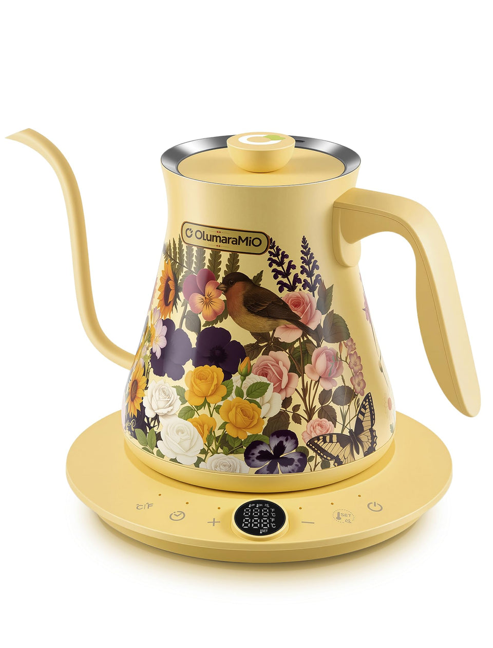 OLUMARAMIO floral kettle front view; stylish design enhances daily pour-over rituals.