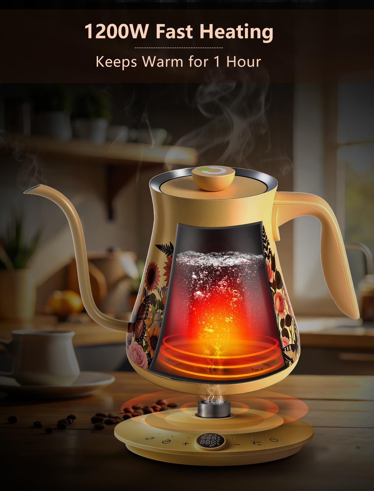 OLUMARAMIO floral kettle on a wooden counter enhances gifting appeal.