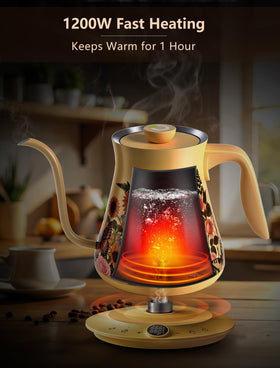 OLUMARAMIO floral kettle on a wooden counter enhances gifting appeal.