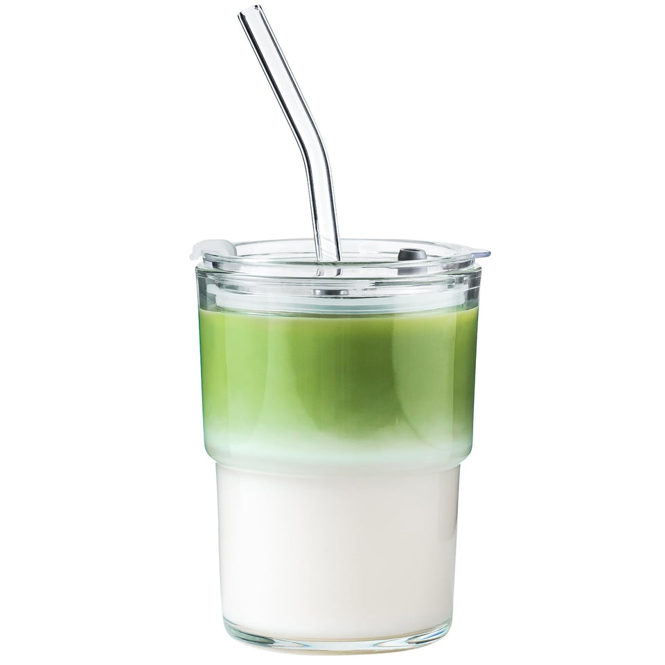 Olvini 13oz glass tumbler with straw and lid for on-the-go sipping