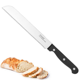Omesata 8-inch bread knife front view slicing loaf with precision