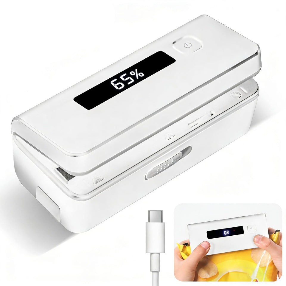 OMGOD mini bag sealer shows LED power level while sealing a snack bag