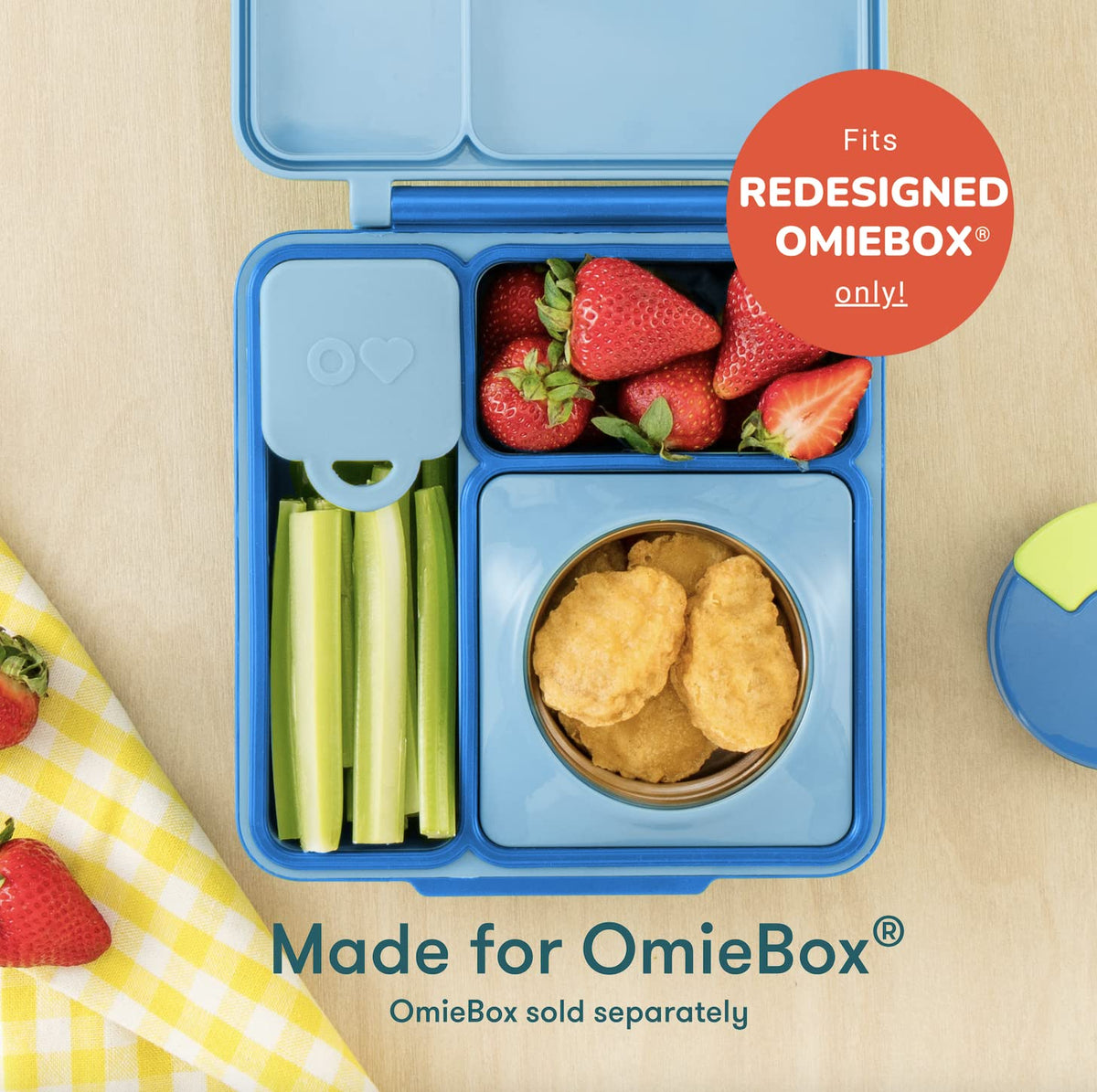 Blue-lime OmieBox dip container showing partitions inside.