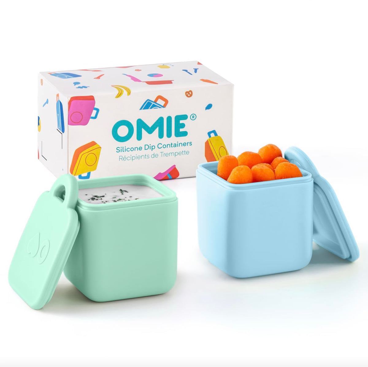OmieBox dip container two-pack in blue and mint for kids' meals