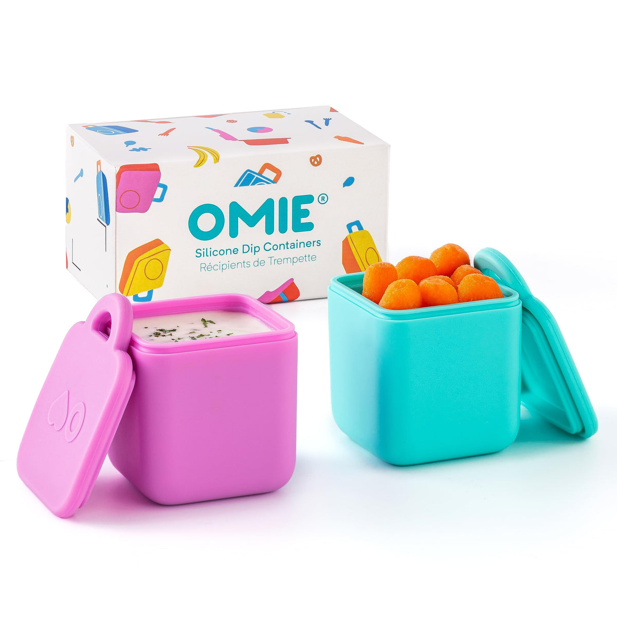 OmieBox pink-teal dip containers 2-pack for on-the-go snacks and sauces.
