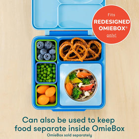 OmieBox dips inside OmieBox partition demonstration for organized lunches.