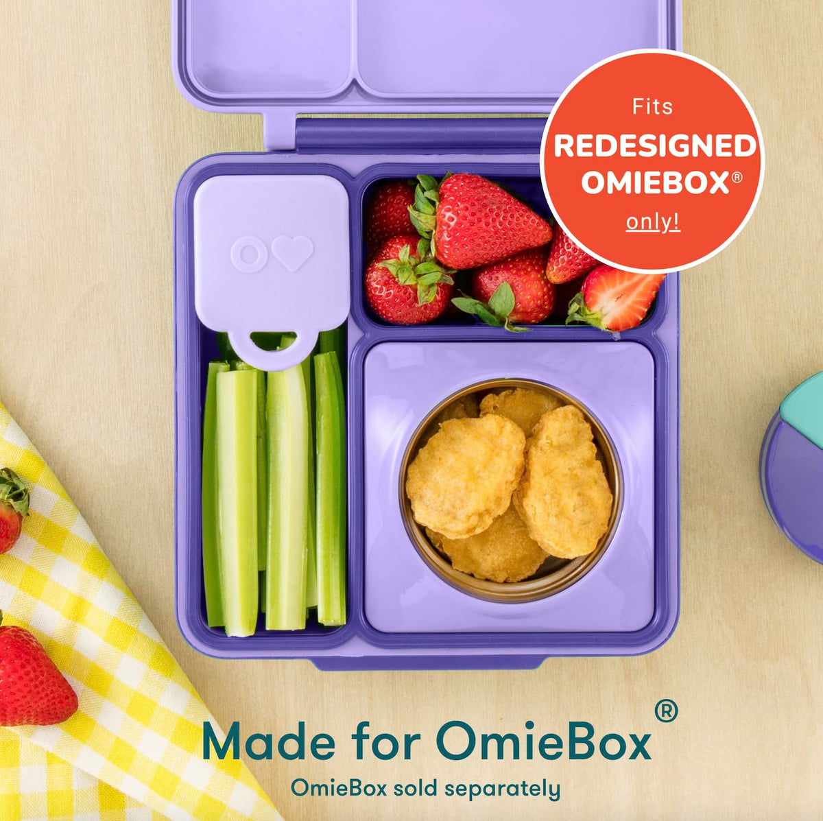 OmieDip tall, rigid containers create neat partitions inside OmieBox.