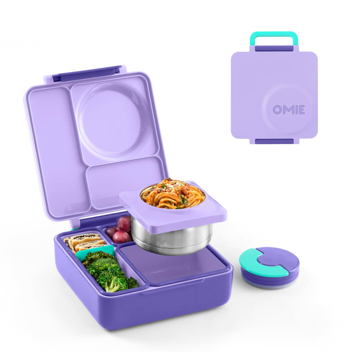 OmieBox kids bento in Purple Plum with three compartments for balanced meals.