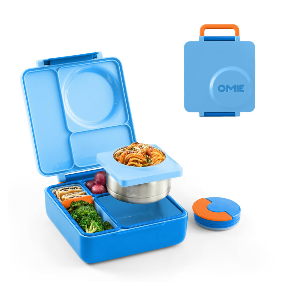 OmieBox kids Blue Sky lunchbox with lid open showing three compartments.