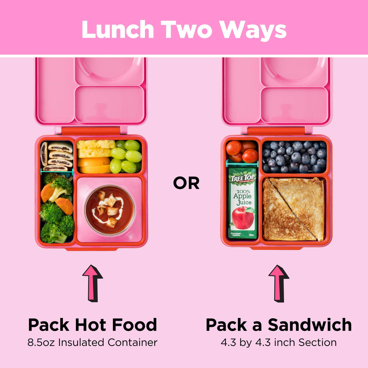 OmieBox Pink Berry insulated container keeps hot entrees warm during commute.