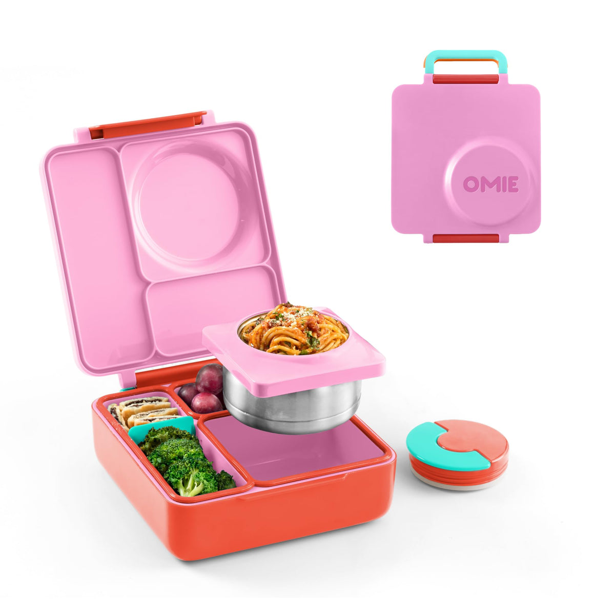 OmieBox Pink Berry top view shows organized lunch layout for kids.