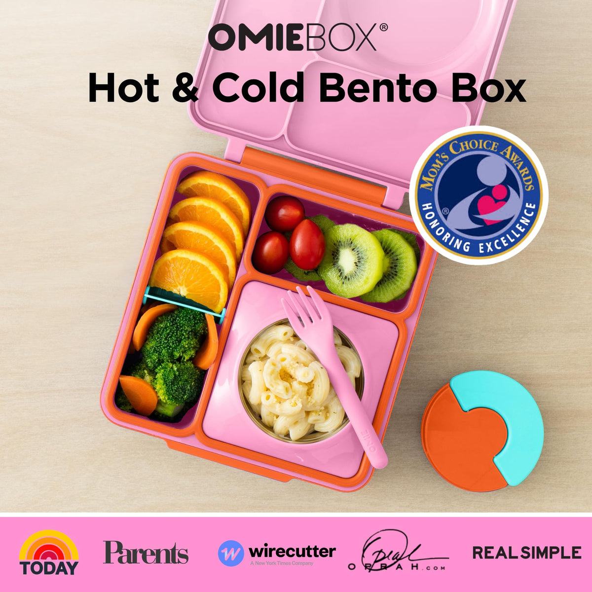OmieBox Pink Berry two temperature zones highlight separate hot and cold foods.