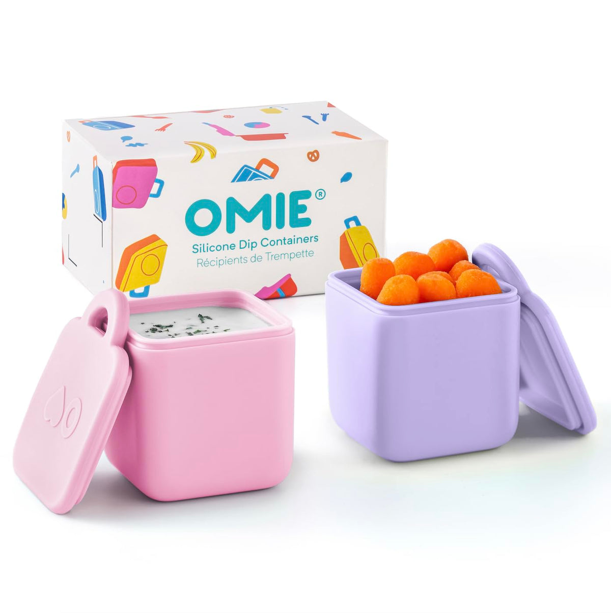 OmieBox pink and purple dip containers leakproof for on-the-go sauces.