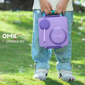 OmieBox silicone pod in lilac provides easy access and secure storage for utensils.