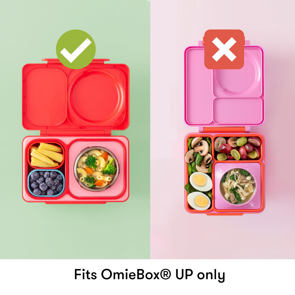 OmieBox UP dip container inside partition use demonstrating neat meal organization