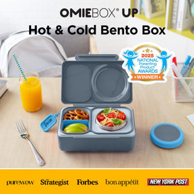 OmieBox UP graphite with open lid reveals built-in 12-ounce thermal jar