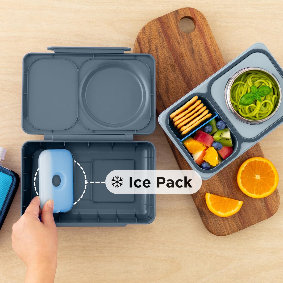 Removable ice pack from OmieBox UP enables cool lunches on the go