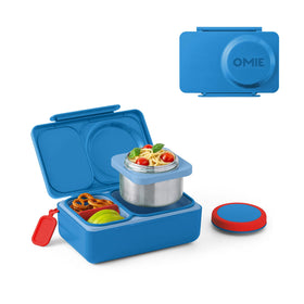 OmieBox UP 12oz thermal jar in Cosmic Blue keeps meals warm during school.