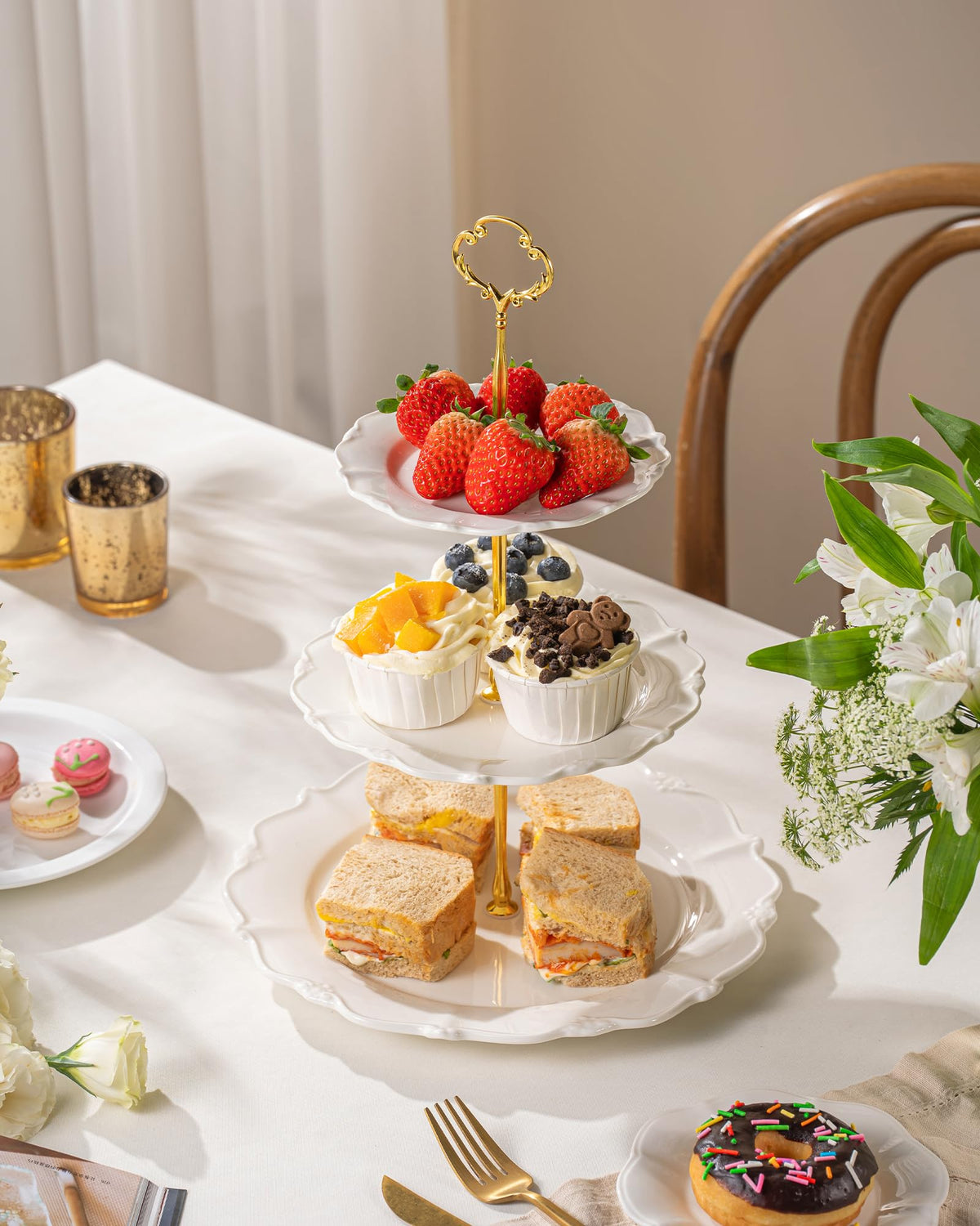 Omifun ceramic dessert tower showcases cupcakes and fruit beautifully.