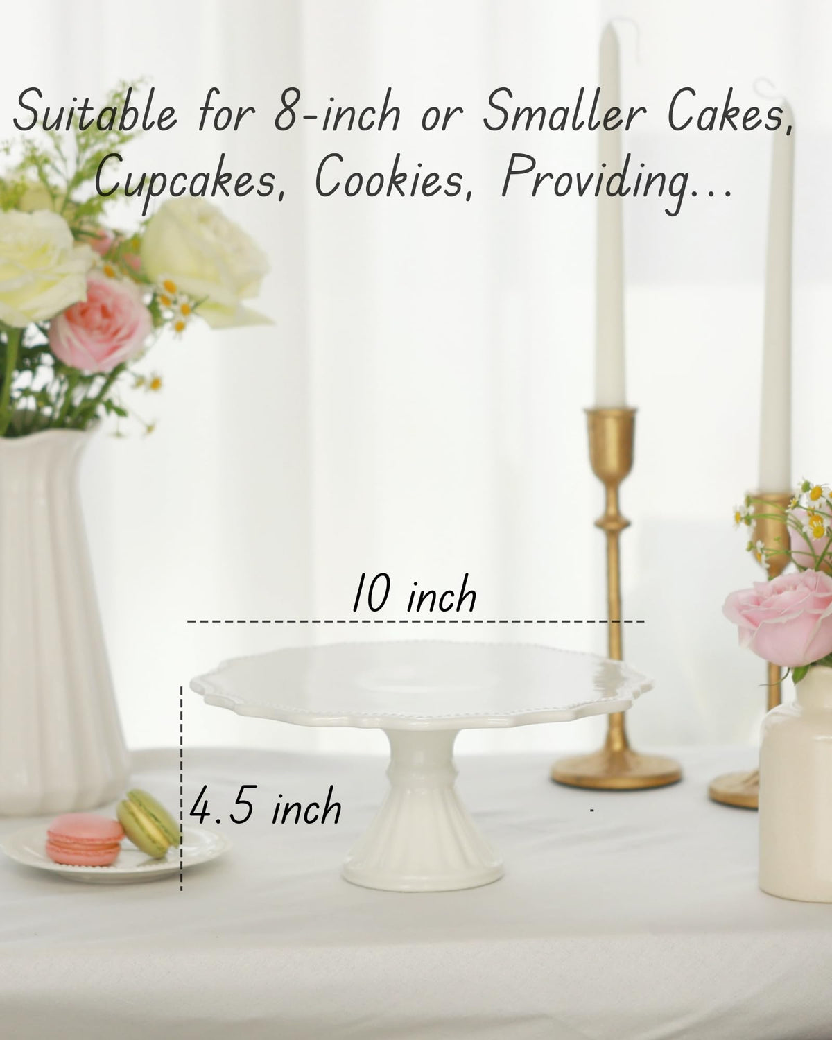 Omifun white ceramic cake stand on a sturdy pedestal.