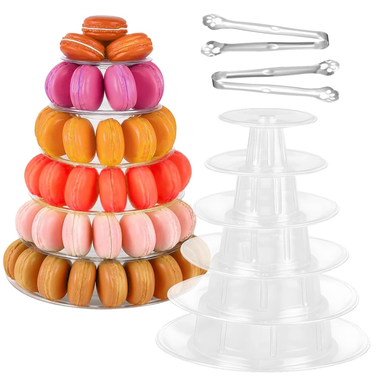 OMISTAR 10-tier clear macaron display stand showcases desserts on a table