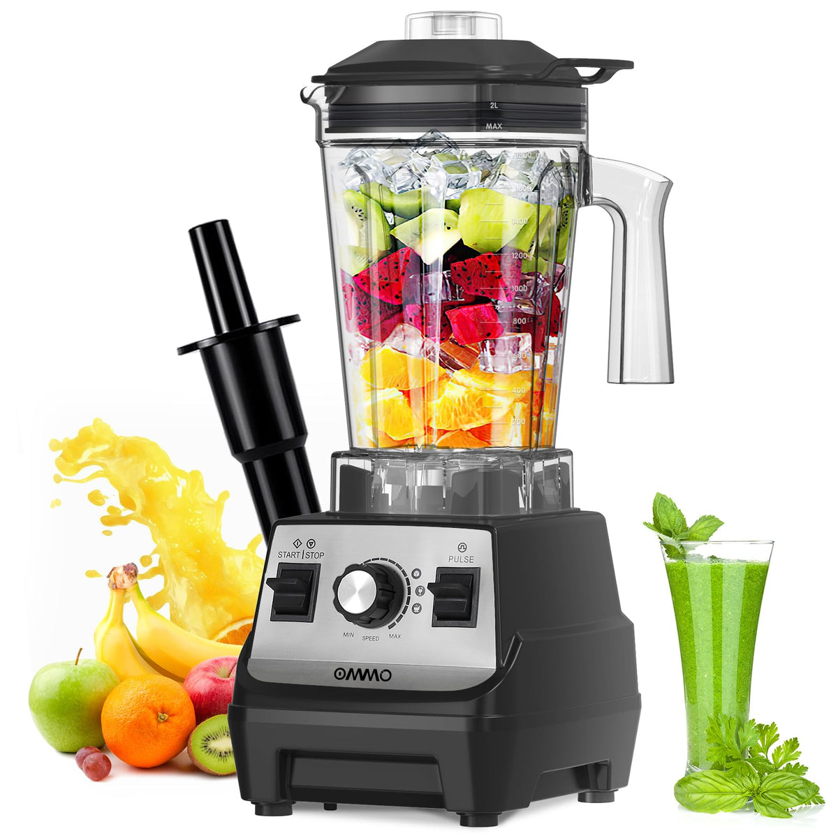 OMMO Blender 1800W motor powering smooth blends and icy drinks.