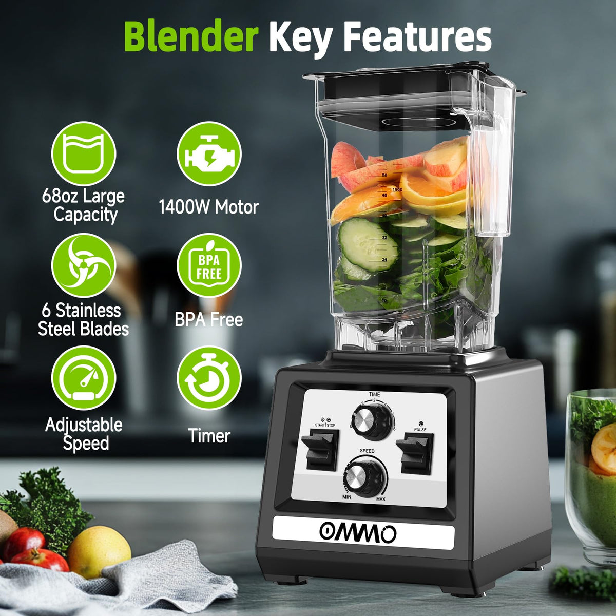 OMMO blender 68oz BPA-free pitcher ready for family-sized smoothies