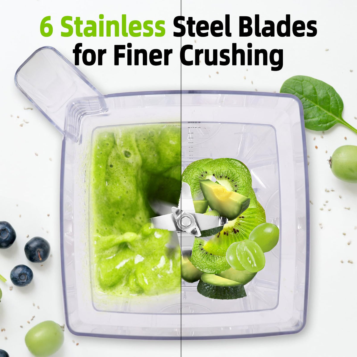 Close-up of OMMO six stainless steel blades for quick blending