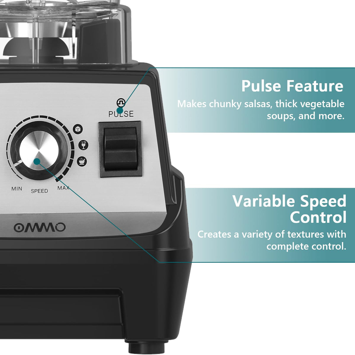 Variable speed and pulse control for precise texture outcomes.