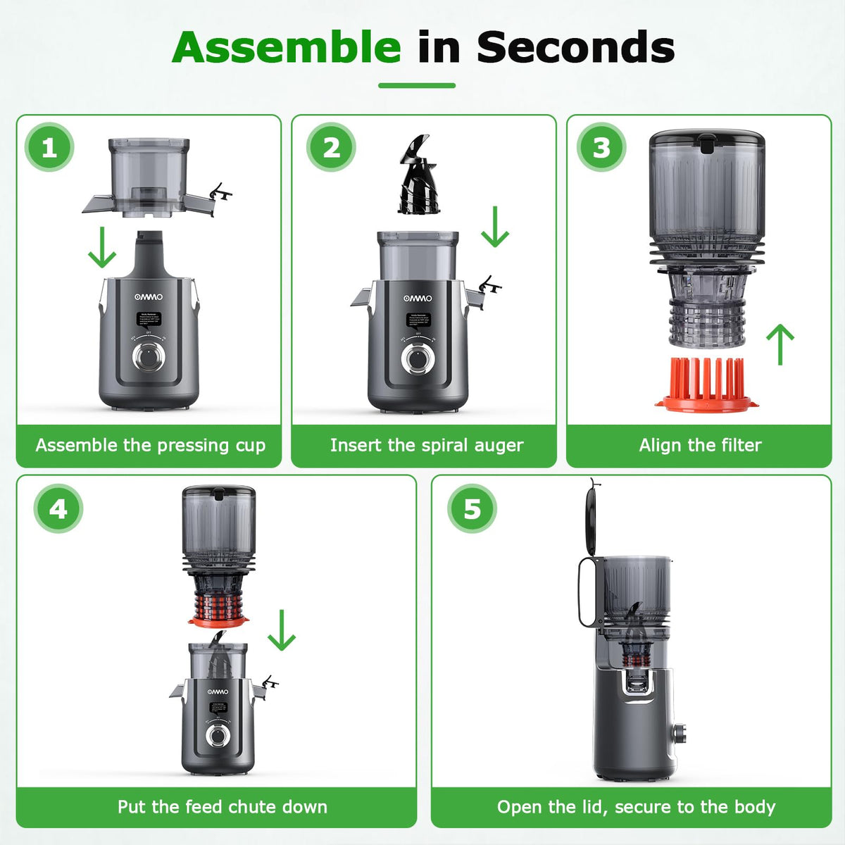 Removable filter on the OMMO juicer prevents clogs and speeds cleaning.