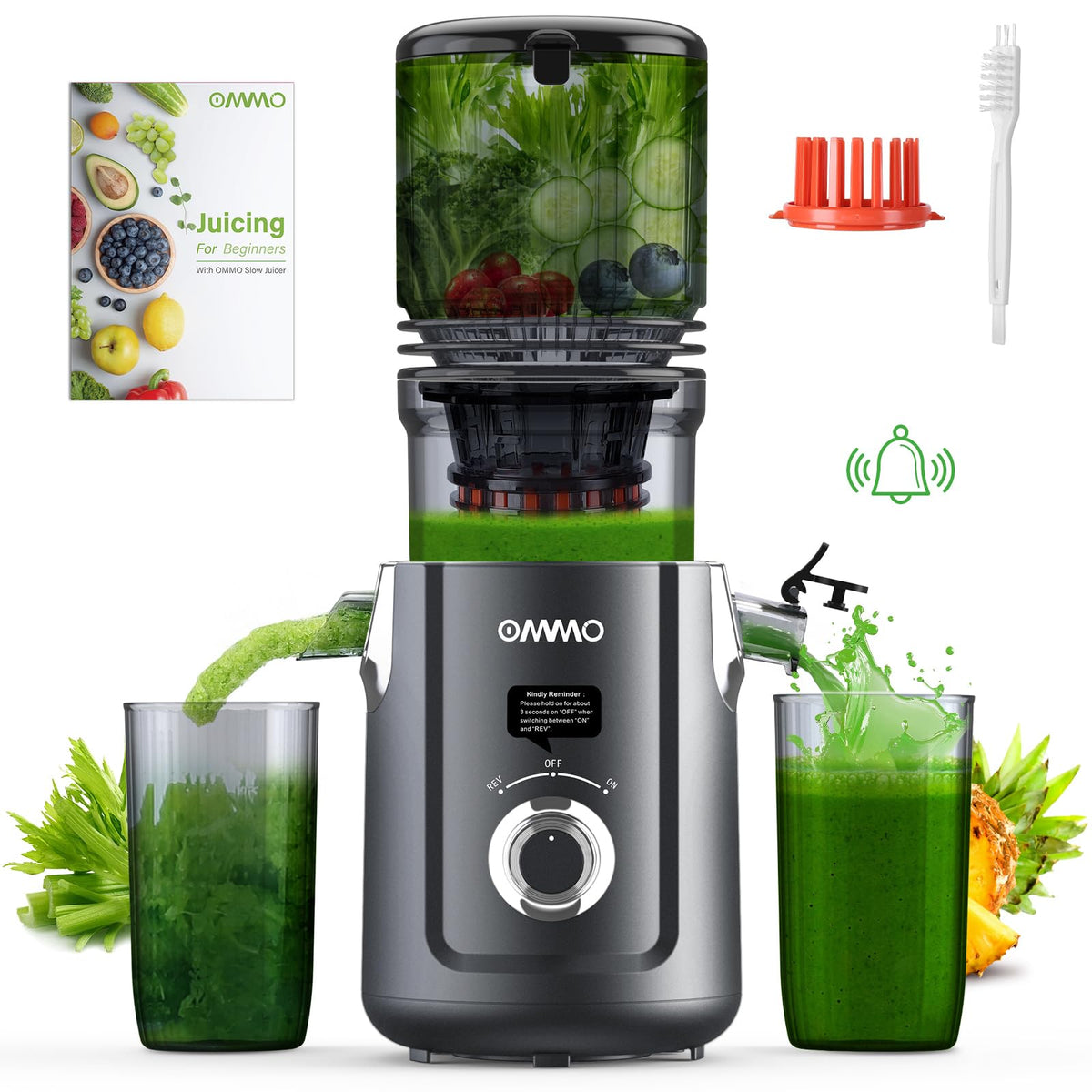 OMMO cold press juicer with wide feed chute for whole fruits, speeding prep.