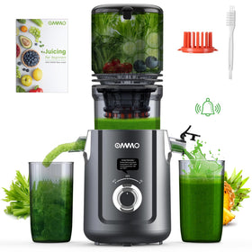 OMMO cold press juicer with wide feed chute for whole fruits, speeding prep.