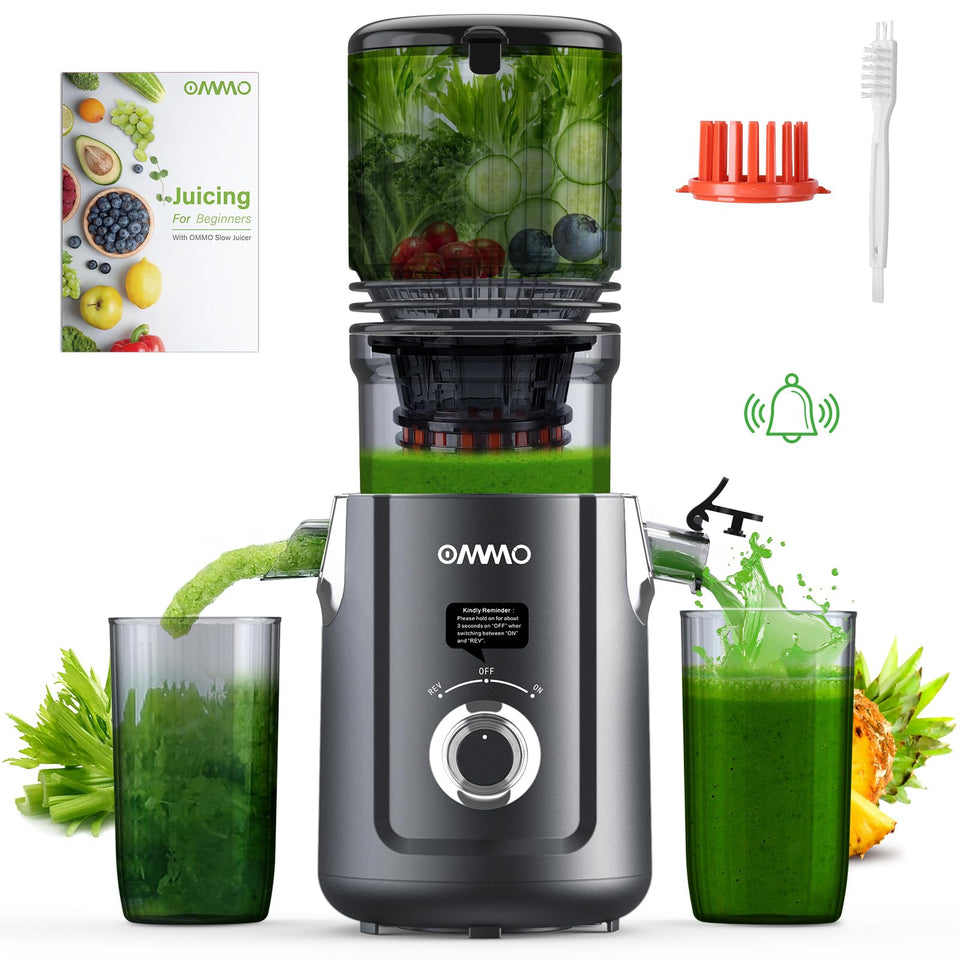 OMMO cold press juicer with wide feed chute for whole fruits, speeding prep.