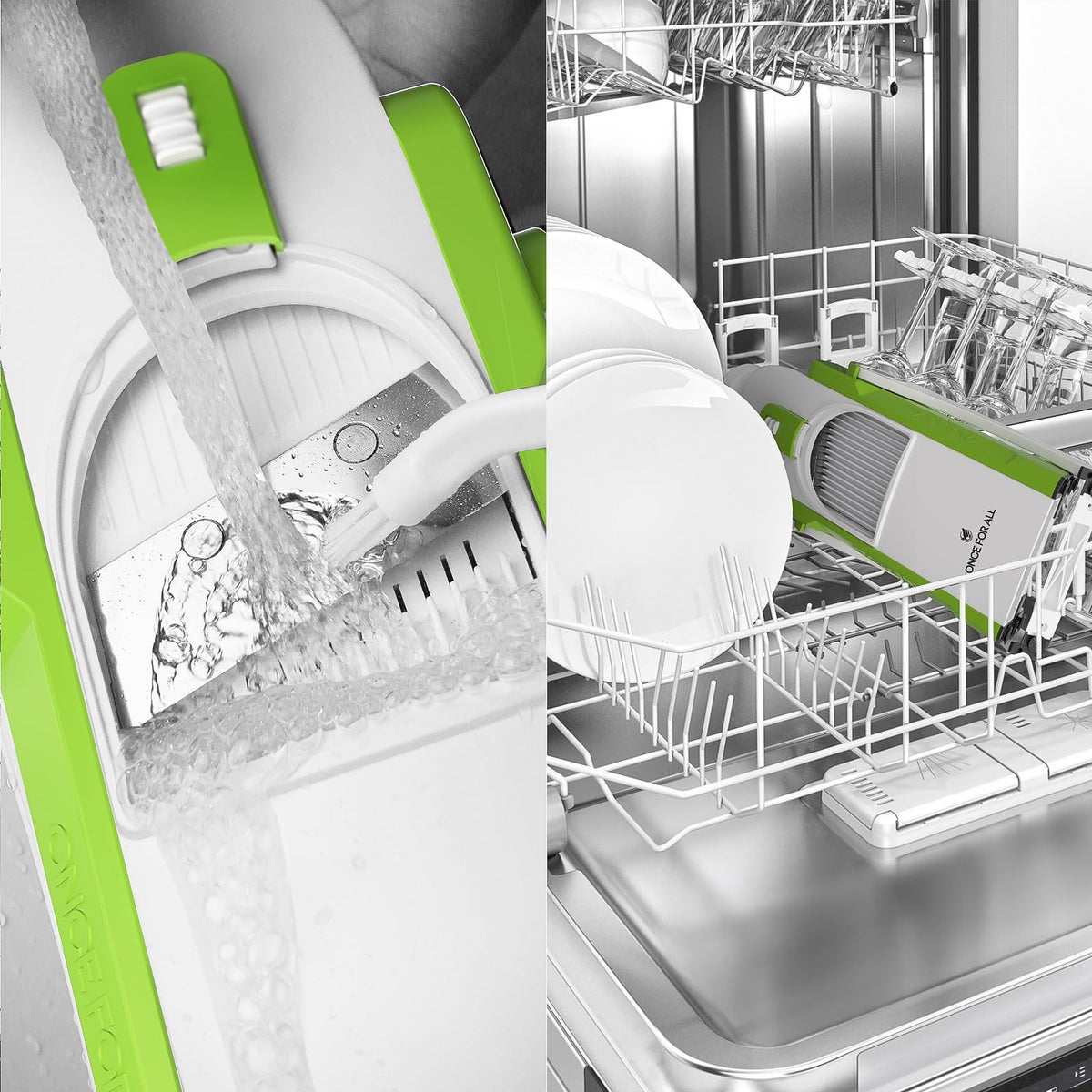 ONCE FOR ALL 420 stainless steel blades close-up emphasizes safety and consistent cuts.
