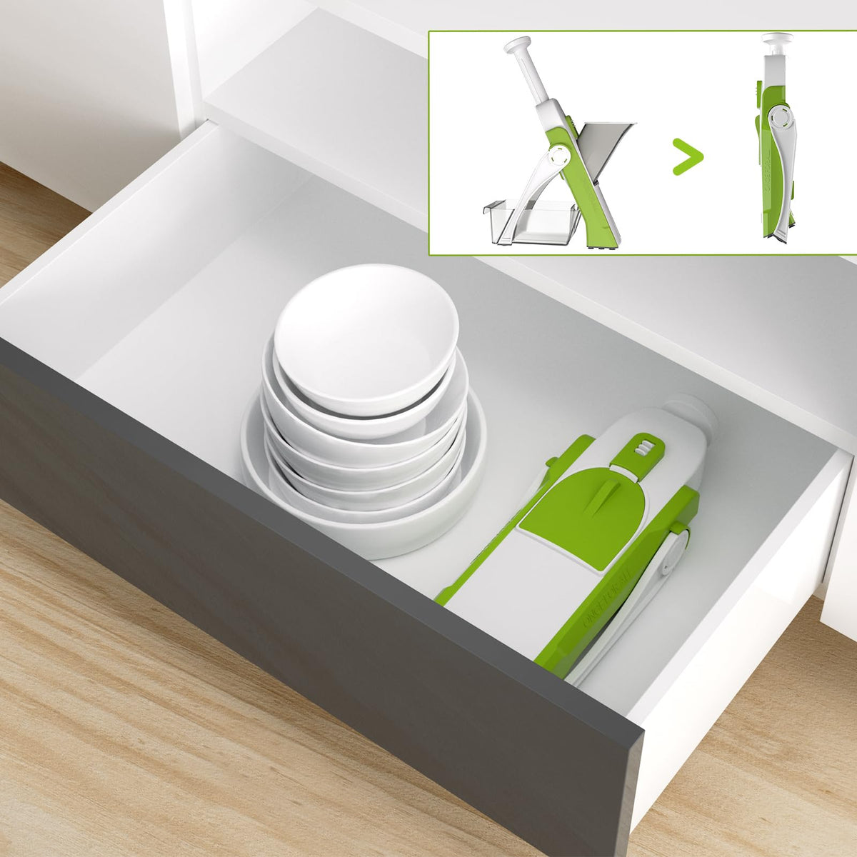 ONCE FOR ALL collapsible design image shows easy cleaning and space-saving storage.