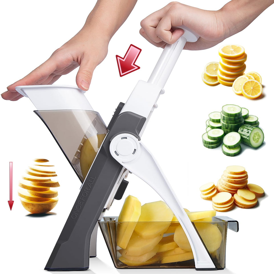 ONCE FOR ALL Safe Mandoline Slicer with safety blade for precise vegetable slicing.