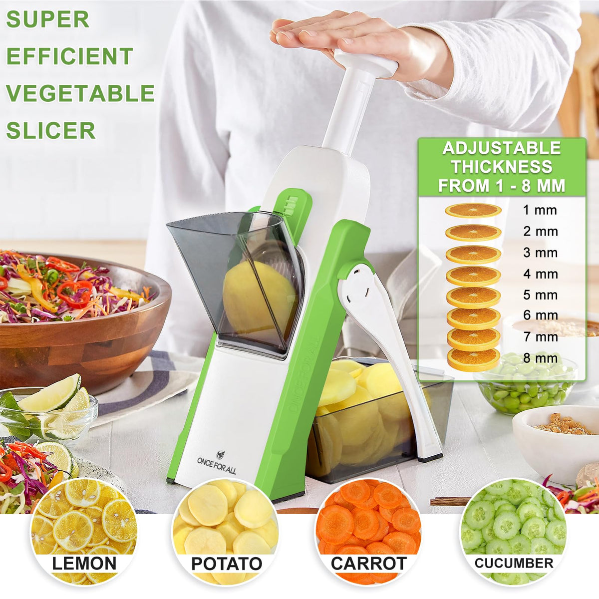 ONCE FOR ALL mandoline slicer thickness-adjustment dial highlights adjustable slices for versatile prep.