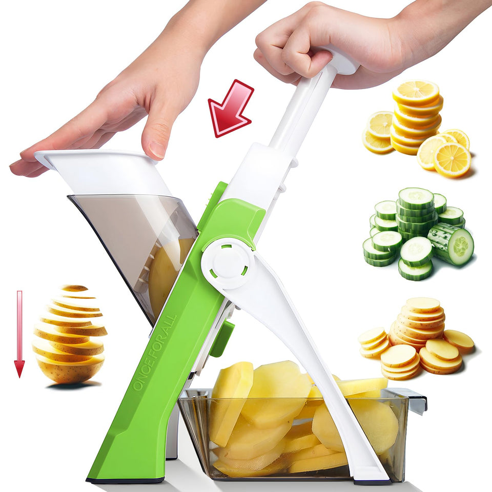 ONCE FOR ALL Safe Mandoline Slicer in green—compact safety tool for quick, even vegetable slices.