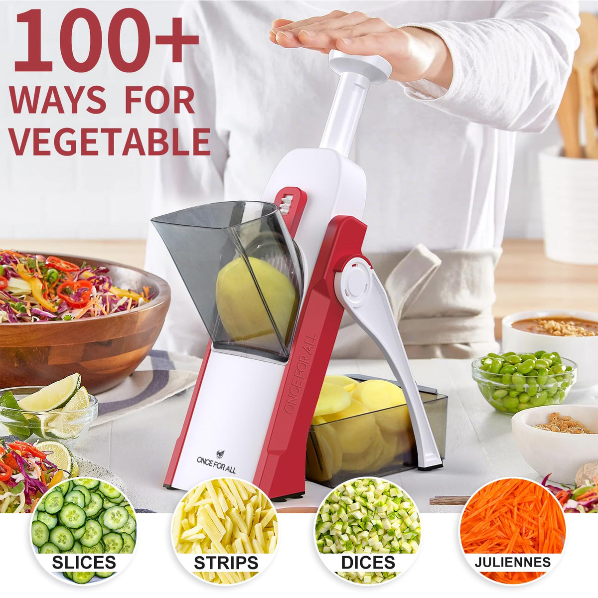 ONCE FOR ALL Safe Mandoline Slicer matchstick mode for uniform sticks.