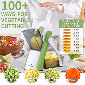 ONCE FOR ALL slicer in four modes demonstrates julienne, matchstick, slice, dice options