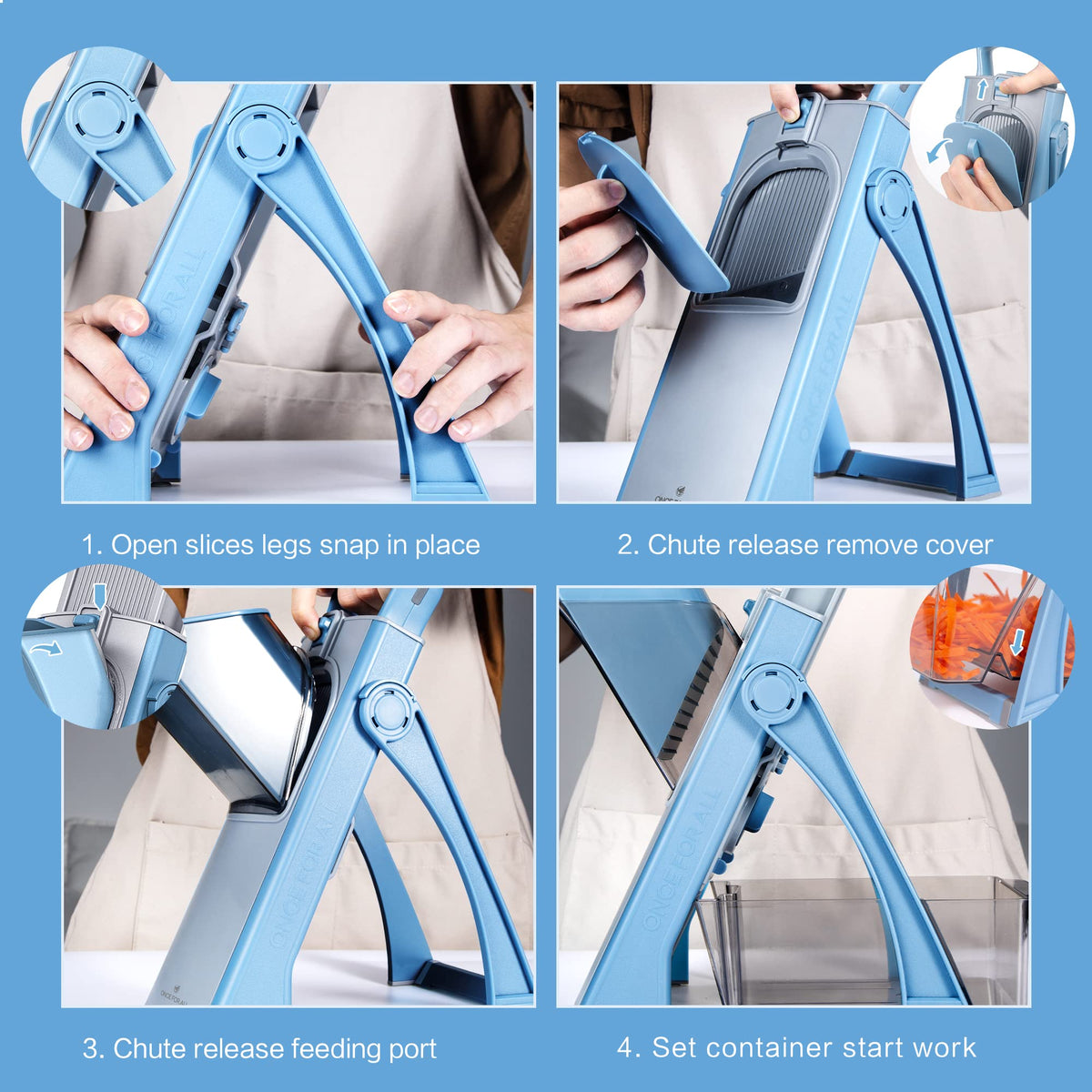 ONCE FOR ALL four-cutting-modes for julienne, matchstick, slice, and dice