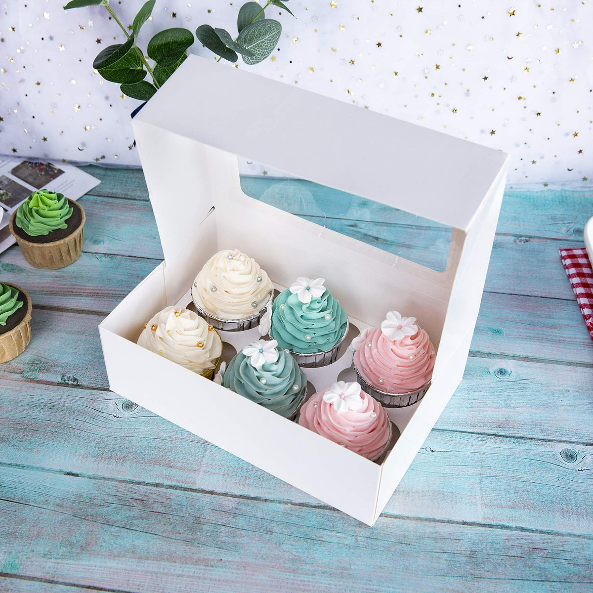 ONE MORE Cupcake Boxes window top view highlights visibility from above.