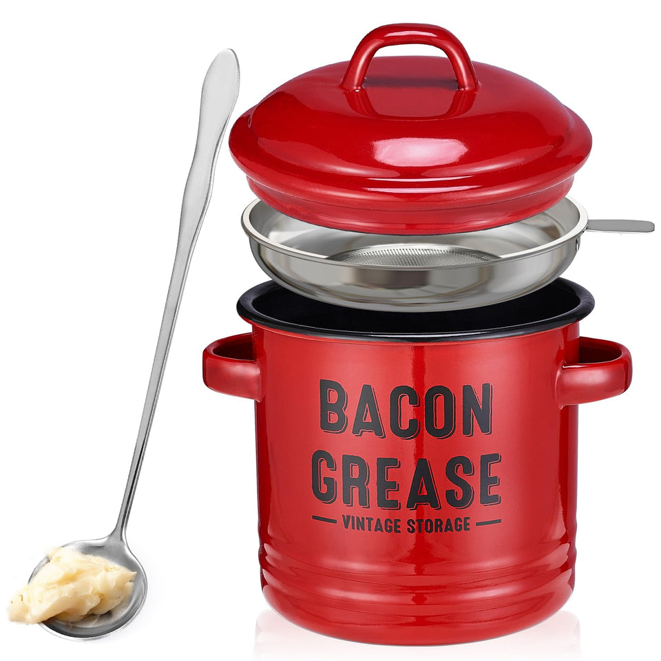 ONEARF bacon grease container with strainer on a red countertop for easy oil storage.