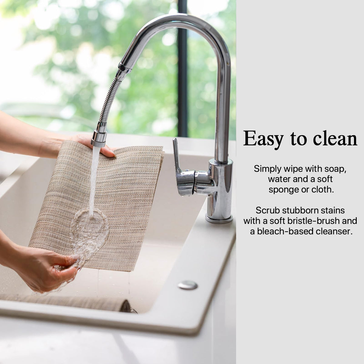 Onebento placemats being wiped clean for easy maintenance.