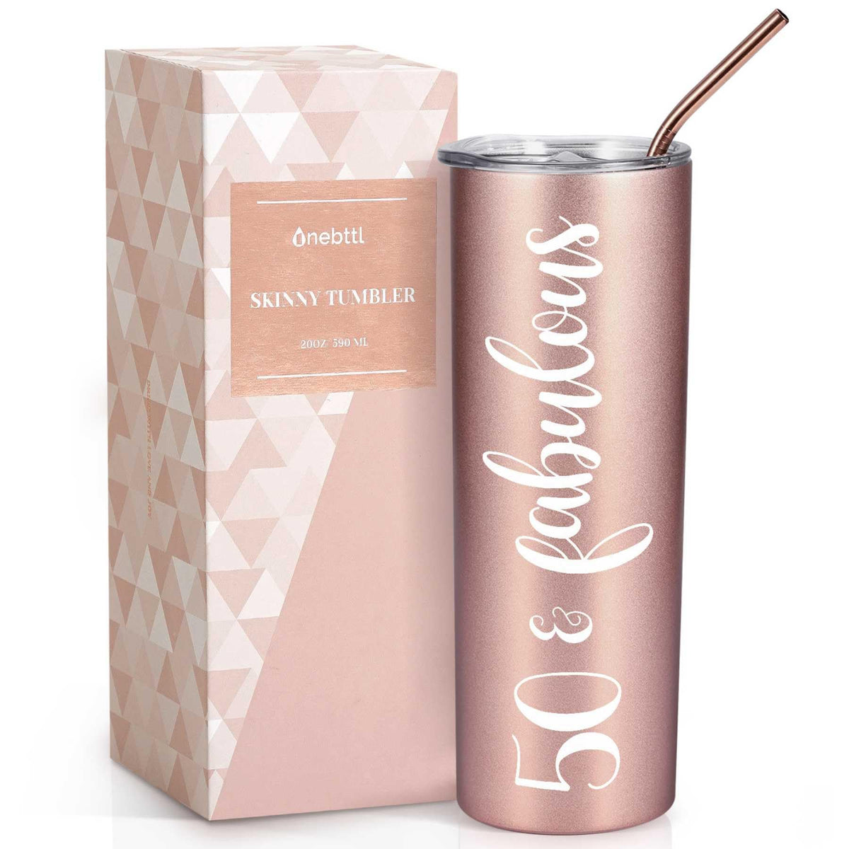 Onebttl 50th birthday rose-gold tumbler shown in gift-ready packaging for on-the-go sipping.