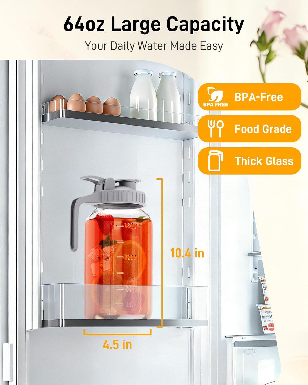 OneDream 2-pack glass pitcher side view with ergonomic handle for easy pouring.