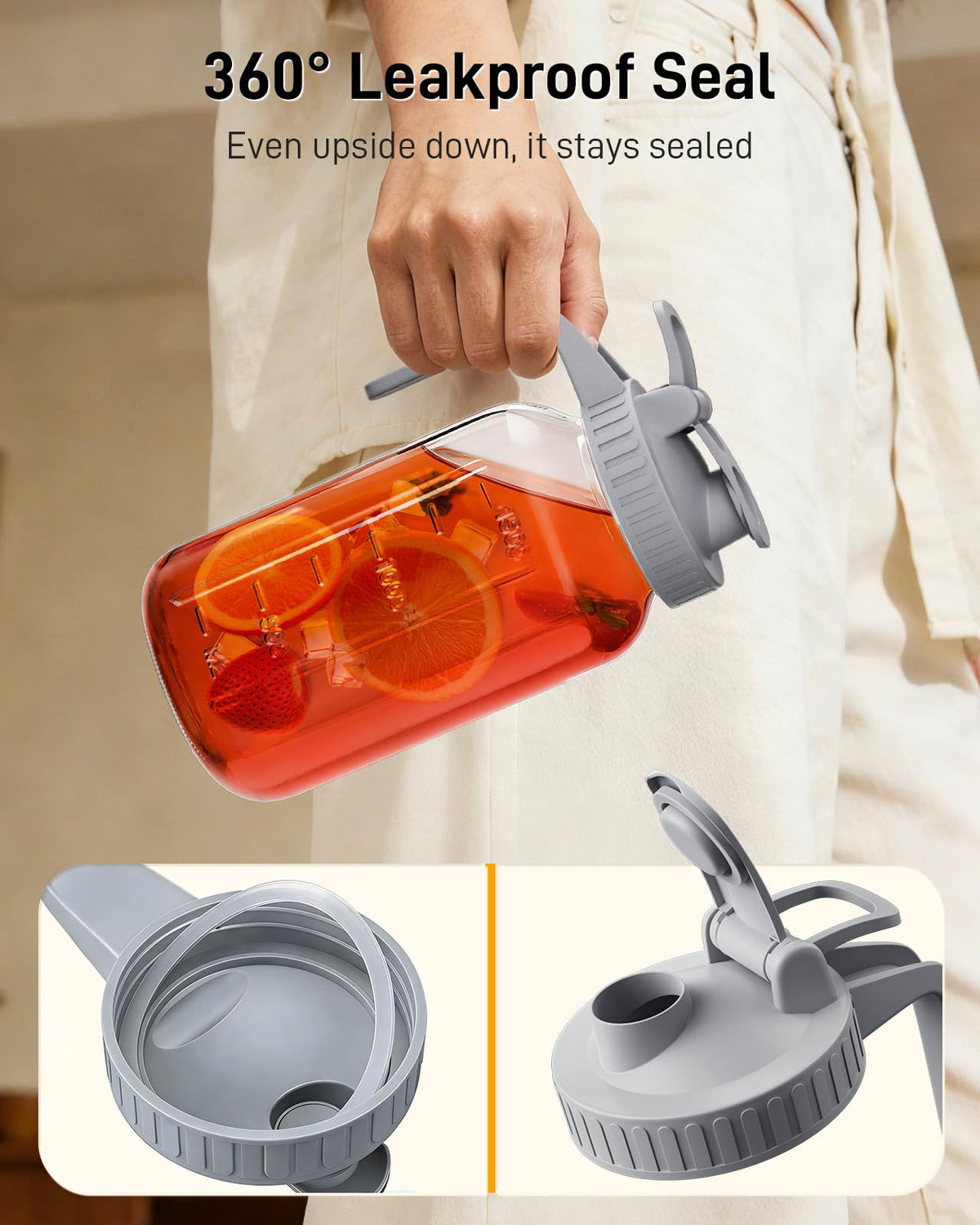 OneDream pitcher close-up shows leak-proof spout and airtight lid.