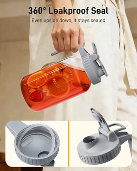 OneDream pitcher close-up shows leak-proof spout and airtight lid.