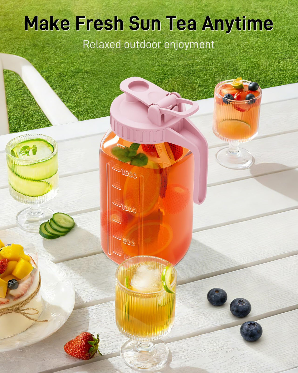 OneDream fridge-safe glass pitcher stores cold beverages securely.